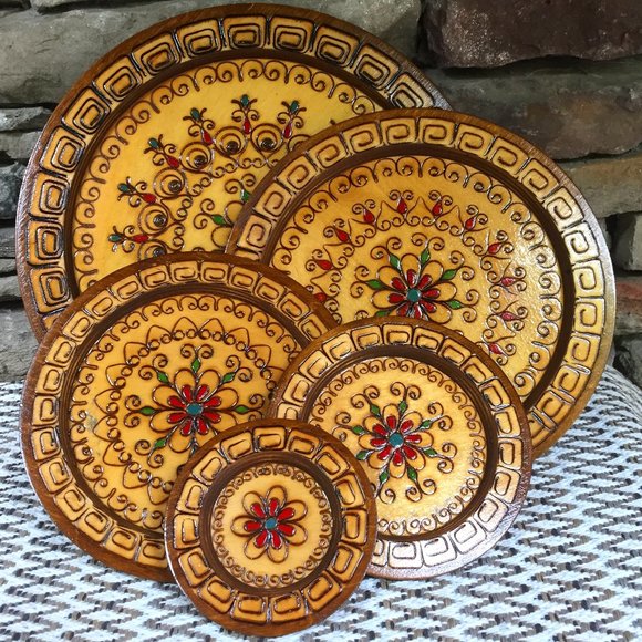 Vintage Other - VTG Pyrography Wood Nesting Plates Poland Wall Art